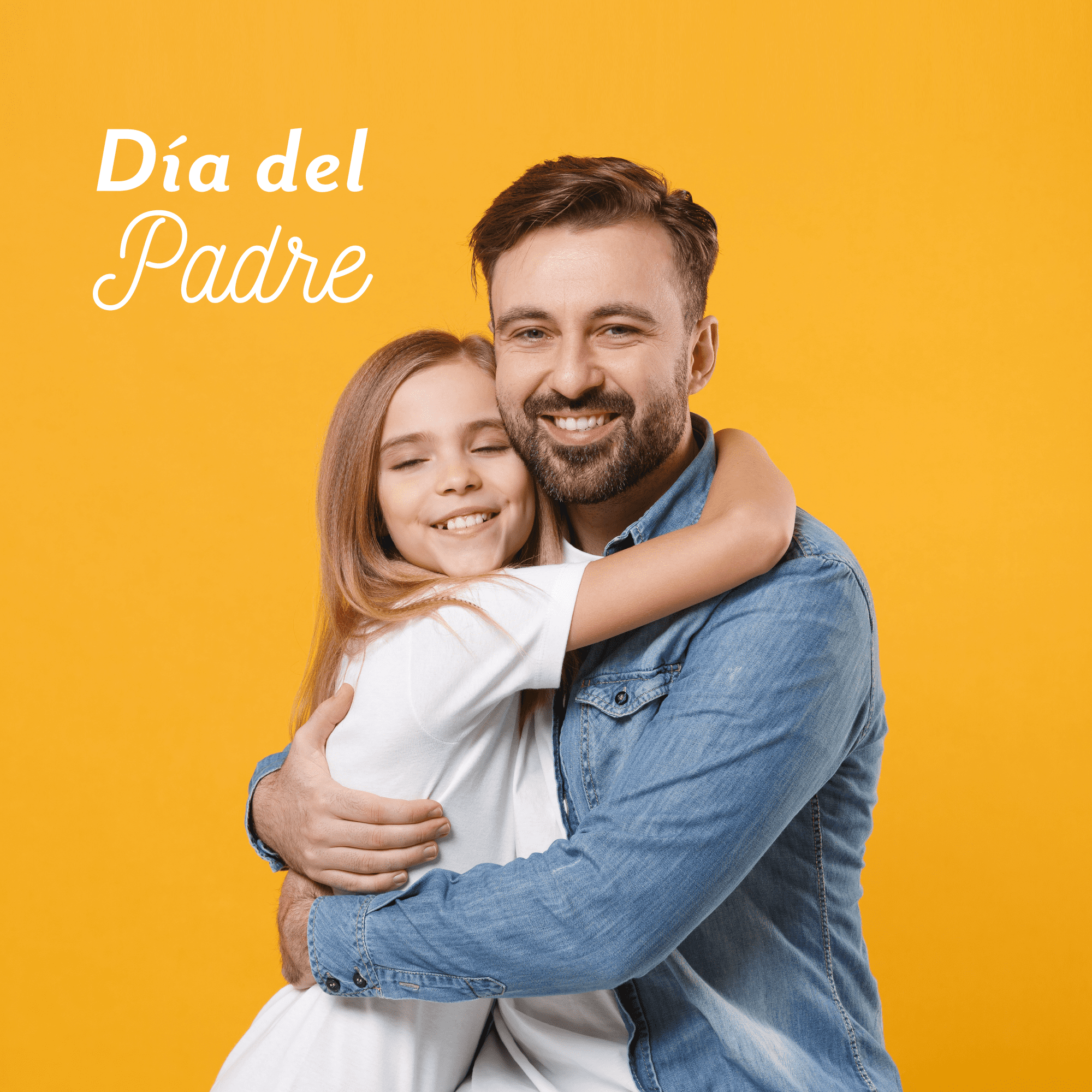 Padre abrazando a su hija en fondo amarillo. Día del Padre